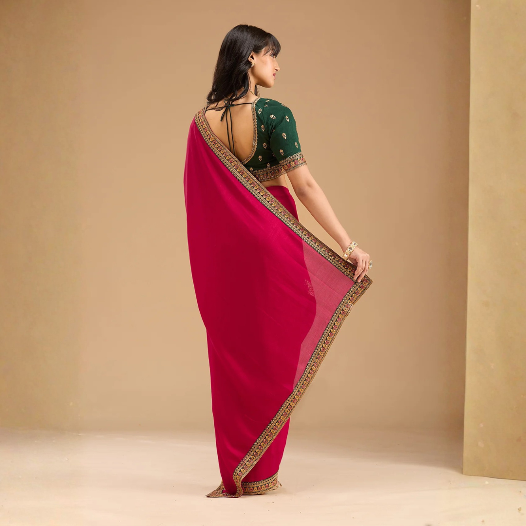 Rani Pink Gold Zariwork Soft Raw Silk Saree - Image 2