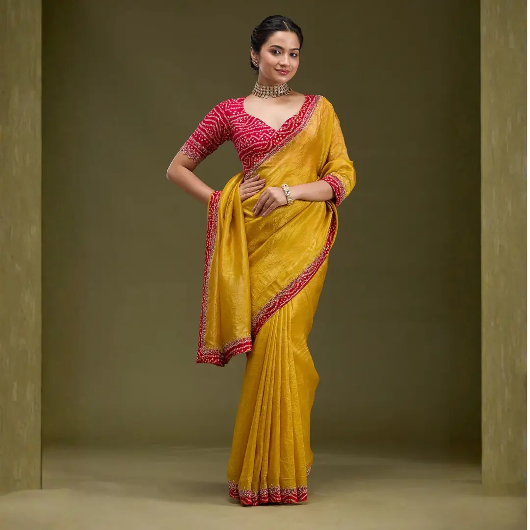 Mustard Satin Saree with Red Bandhani Blouse – Festive Silk Finish Drape - Image 3