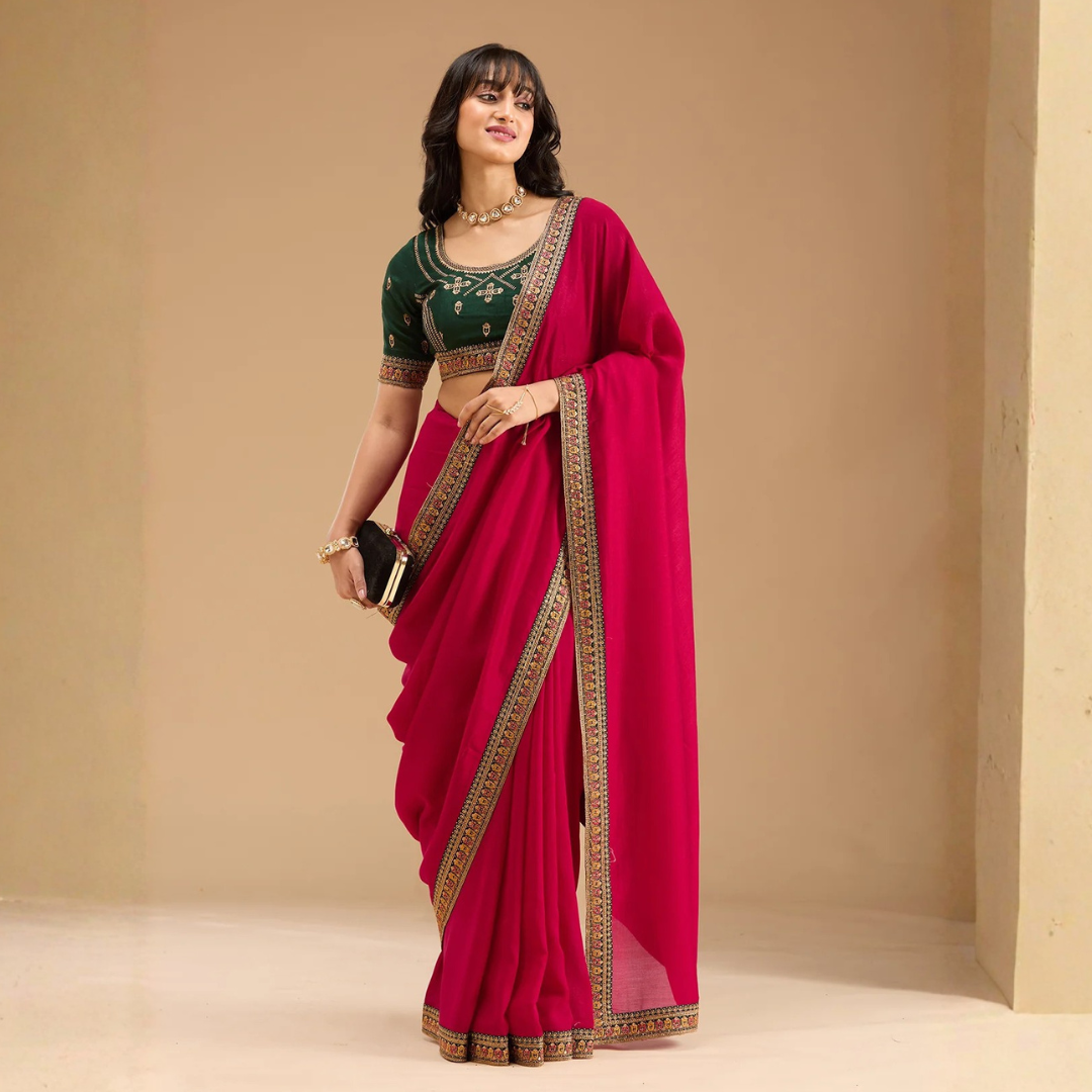 Rani Pink Gold Zariwork Soft Raw Silk Saree - Image 3