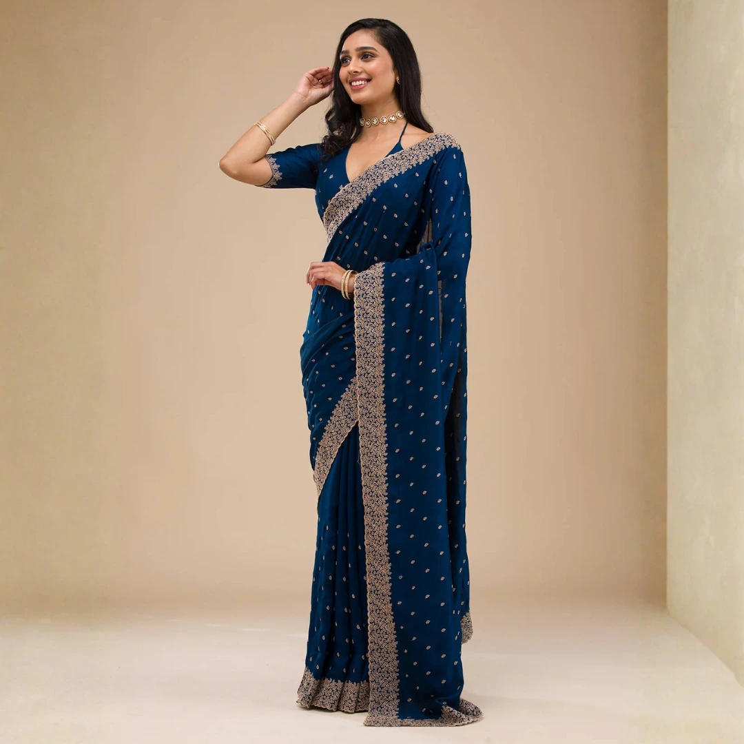 Navy Blue Zariwork Soft Silk Saree - Image 3