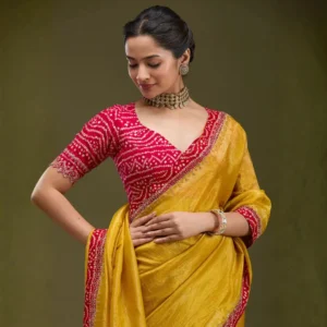 mustard-satin-saree-with-red-bandhani-blouse-festive-silk-finish-drape
