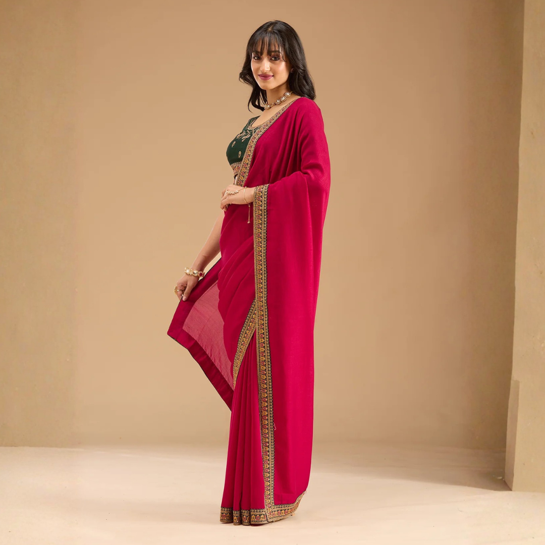 Rani Pink Gold Zariwork Soft Raw Silk Saree - Image 4