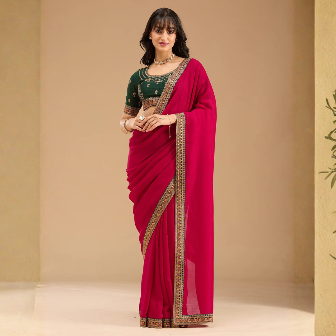 Rani Pink Gold Zariwork Soft Raw Silk Saree - Image 5