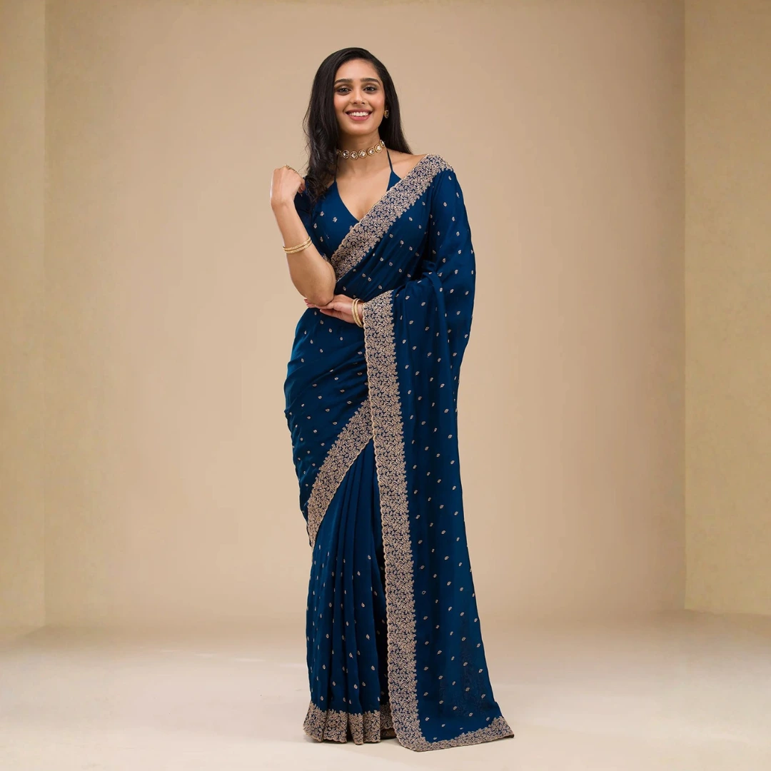 Navy Blue Zariwork Soft Silk Saree - Image 5